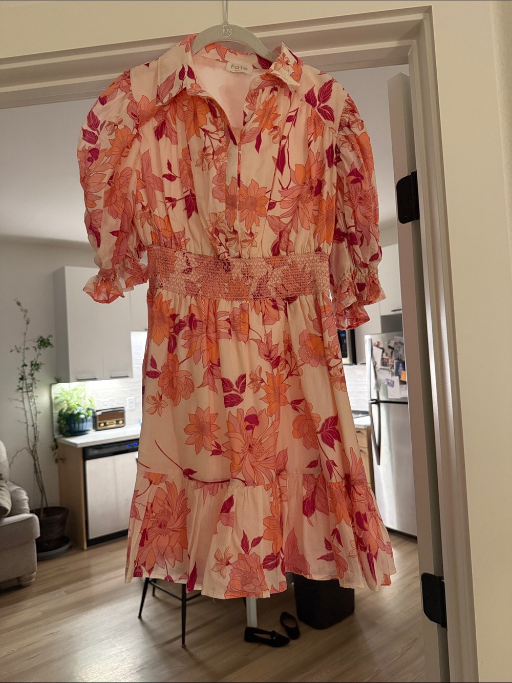 Fate Floral Puff-Sleeve Mini Dress in Pink & Orange